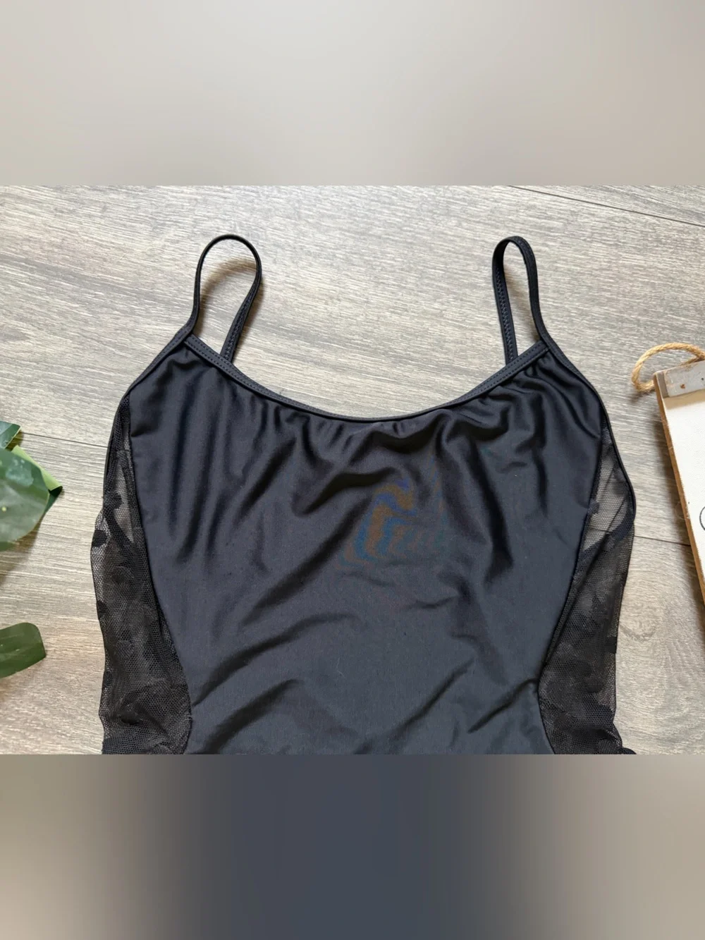 White Fox Swim Low Back Cheeky Black One Piece w Mesh Polka Dot Sides. Size S